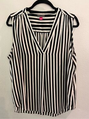 Vince Camuto Black and White Vertical Stripe V-Neck Sleeveless Top